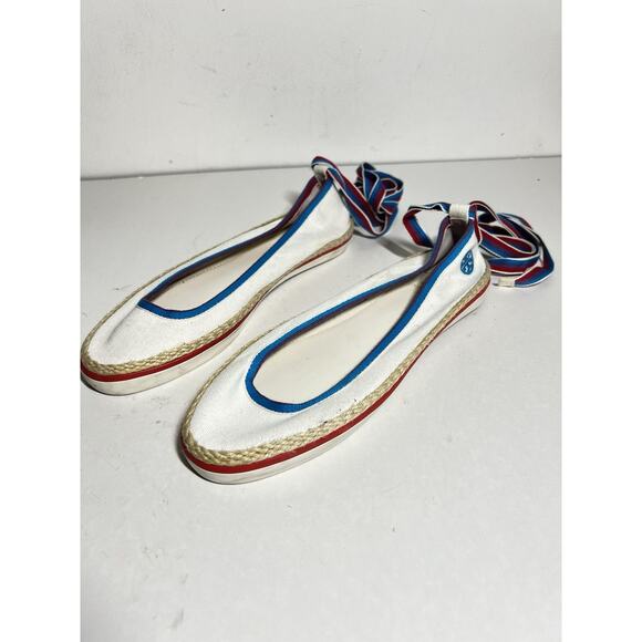 Tory Burch EUC White Canvas 3-D Ballet Espadrille Sneaker Ankle Wrap Toe Shoe 7 - Picture 1 of 7